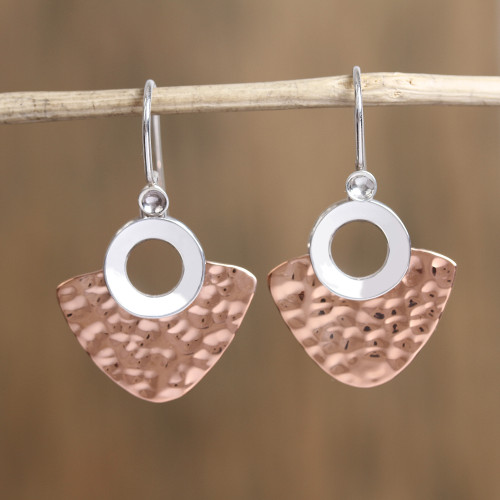 Modern Sterling Silver and Copper Dangle Earrings 'Rippling Blades'