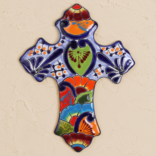 Hand-Painted Ceramic Wall Cross from Mexico 'Hacienda Faith'