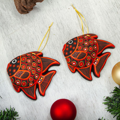 Hand-Painted Ceramic Fish Ornaments in Red Pair 'Red Fish'