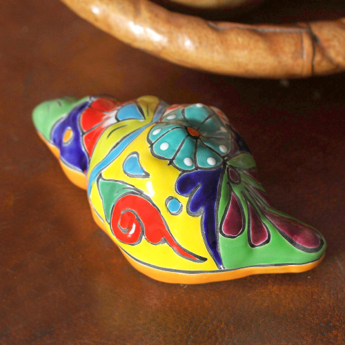 Talavera Style Ceramic Conch Sculpture from Mexico 'Talavera Conch'