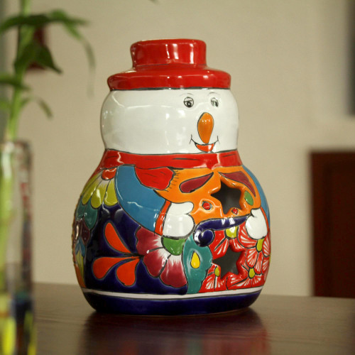 Snowman Talavera Ceramic Candle Holder from Mexico 'Snowman Glow'