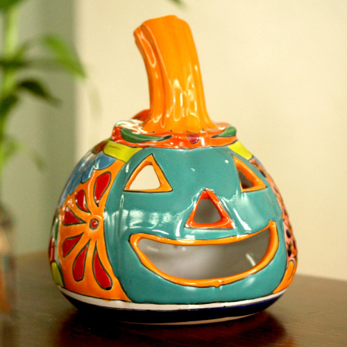 Jack-O-Lantern Talavera Style Ceramic Candle Holder 'Happy Jack-O-Lantern'