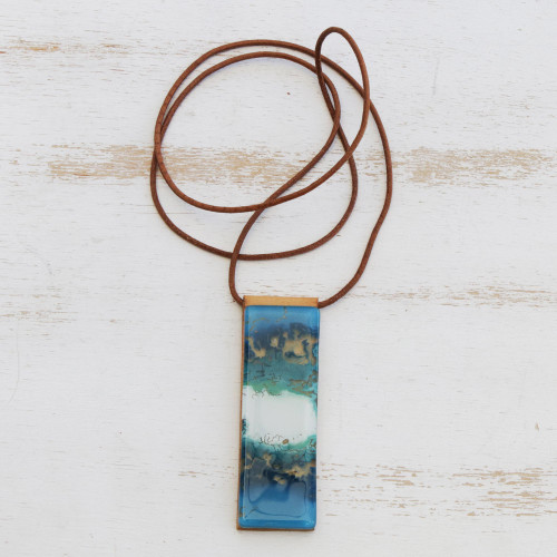 Blue and White Glass and Leather Pendant Necklace 'Cloudy Sky'