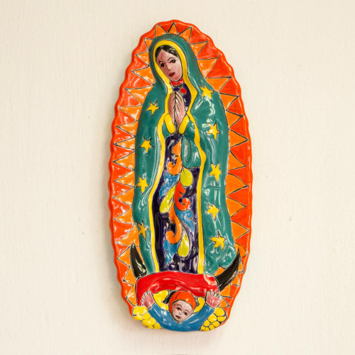 Talavera-Style Ceramic Wall Sculpture of the Virgin Mary 'Talavera Guadalupe in Orange'