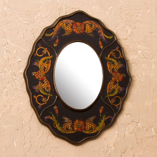 Black Floral Reverse-Painted Glass Wall Mirror from Peru 'Black Colonial Wreath'