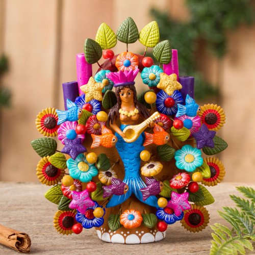 Hand-Painted Mermaid-Themed Ceramic Sculpture from Mexico 'Mermaid's Home'