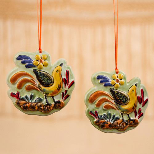 Colorful Ceramic Bird Ornaments from Mexico Pair 'Colorful Birdsong'
