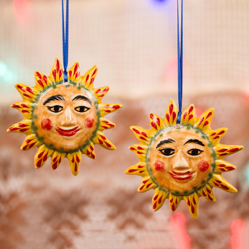 Festive Ceramic Sun Ornaments from Mexico Pair 'Young Sun'