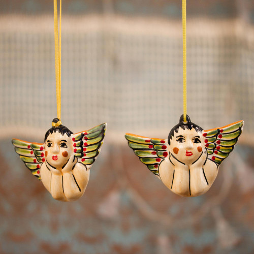 Ceramic Angel Ornaments Crafted in Mexico Pair 'Rosy-Cheeked Angels'