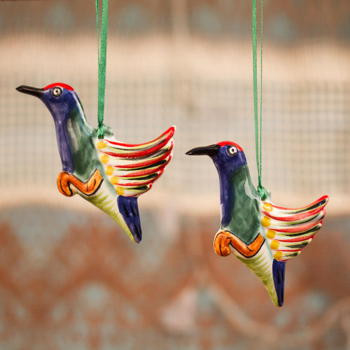 Artisan Crafted Ceramic Hummingbird Ornaments Pair 'Elegant Hummingbirds'