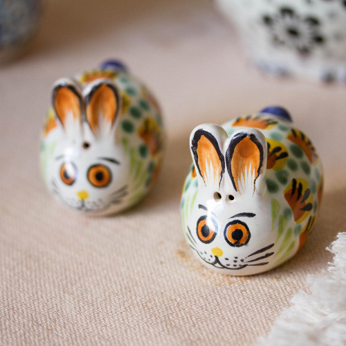 Majolica Ceramic Rabbit Salt and Pepper Shakers Pair 'Farm Rabbits'