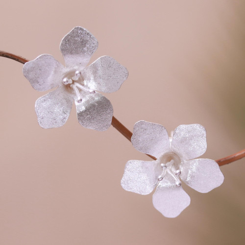 Floral Sterling Silver Button Earrings from Bali 'Captivating Flowers'