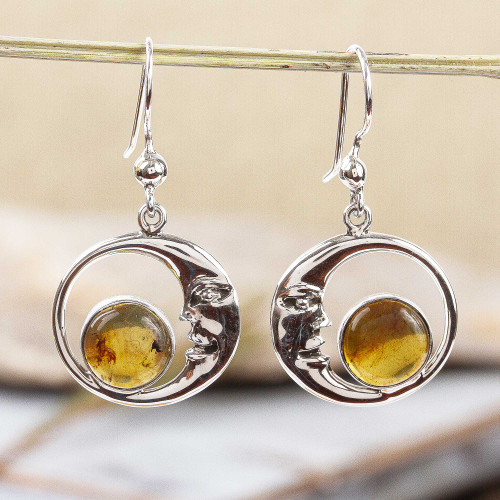 Taxco Crescent Moon Amber Dangle Earrings from Mexico 'Caring Moons'