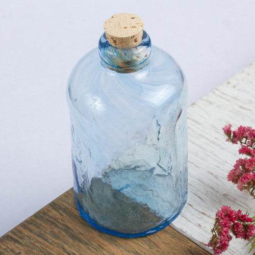 Eco Friendly Handblown Azure Recycled Glass Bottle w Cork 'Azure Currents'