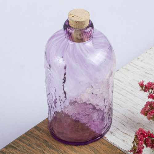 Eco Friendly Handblown Lilac Recycled Glass Bottle w Cork 'Lilac Currents'