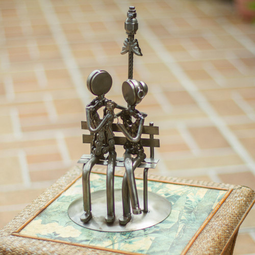 Artisan Crafted Romantic Recycled Metal Sculpture 'Rustic Lovers'