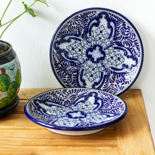 2 Blue and White Talavera Style Ceramic Luncheon Plates 'Puebla Kaleidoscope'