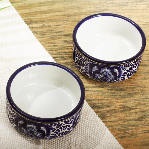 2 Blue and White Talavera Style Ceramic Dessert Bowls 'Puebla Kaleidoscope'