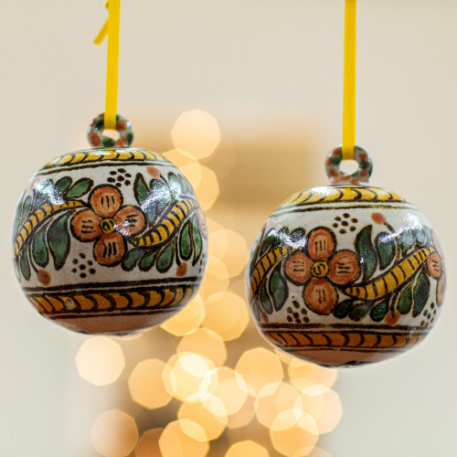 Talavera-Style Multicolored Ceramic Ornaments Pair 'Talavera Garland'