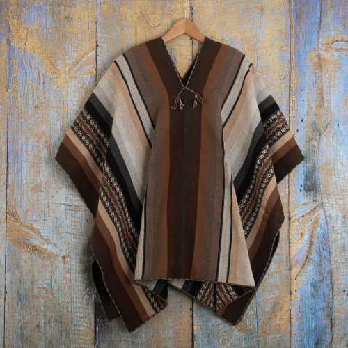 Backstrap Handwoven Men's Alpaca Poncho in Earth Tones 'Chinchero Legacy'