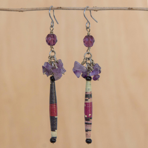 Recycled Paper and Amethyst Dangle Earrings 'Hope'
