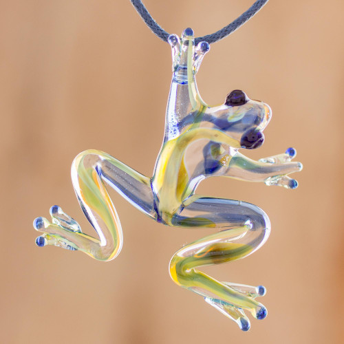 Handmade Glass Frog Pendant Necklace from Costa Rica 'Pond Frog'