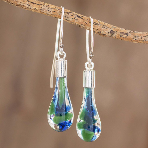 Blue and Green Art Glass Dangle Earrings from Costa Rica 'Ocean Reflection'