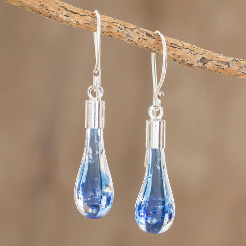 Handcrafted Art Glass Dangle Earrings from Costa Rica 'Blue Bay'
