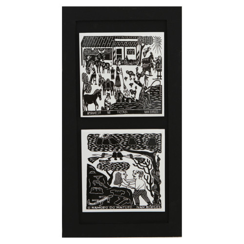 Framed BW Brazilian Ceramic Woodcut Print Pair 'Work and Play'