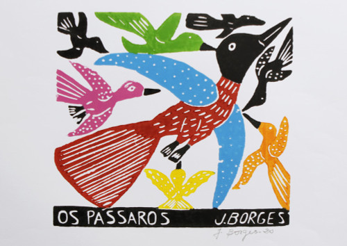 J. Borges Horizontal Birds Woodcut Print from Brazil 'The Birds II'
