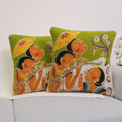 Artisan Crafted Cotton Cushion Covers Pair 'Lanna Ladies' Charm'