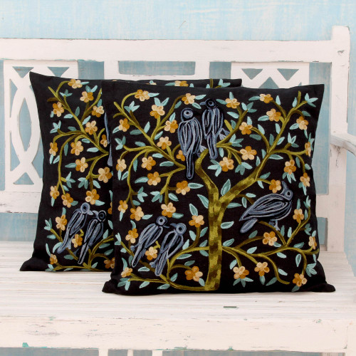 2 Indian Aari Embroidered Black Cotton Cushion Covers 'Birds in the Night'