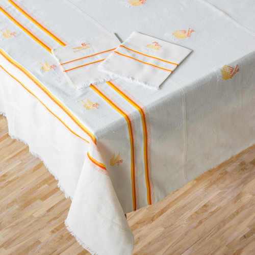 Hand Woven All Cotton Tablecloth and Napkin Set 'Sunny Rooster'