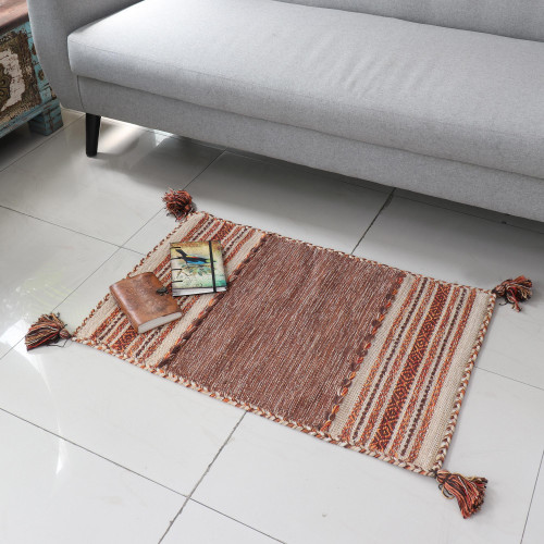 Hand Woven Cotton Geometric Dhurrie Rug from India 2x3 'Delhi Delight in Brown'