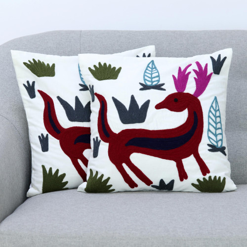 Aari Embroidery Folk Art Deer Theme Cushion Covers Pair 'Royal Deer'