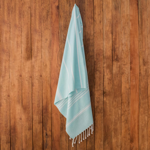 Striped Cotton Beach Towel in Mint from Guatemala 'Sweet Relaxation in Mint'