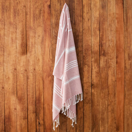 Handwoven Cotton Beach Towel in Carnation from Guatemala 'Fresh Relaxation in Carnation'
