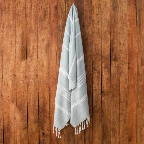 Striped Cotton Beach Towel in Celadon from Guatemala 'Fresh Relaxation in Celadon'