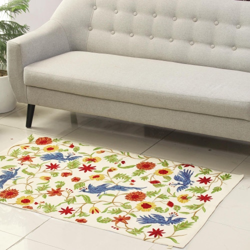 Bird and Floral pattern Wool Area Rug from India 3x5 'Nature's Magnificence'