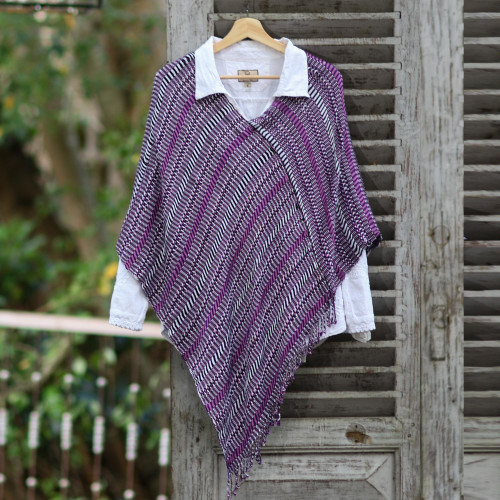 Guatemalan Handwoven Cotton Poncho in Pink and Purple 'Amethyst Intrigue'