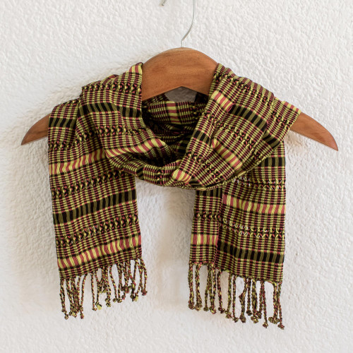 Green-Yellow-Peach Handwoven Cotton Scarf from Guatemala 'Sunny Forest Rose'