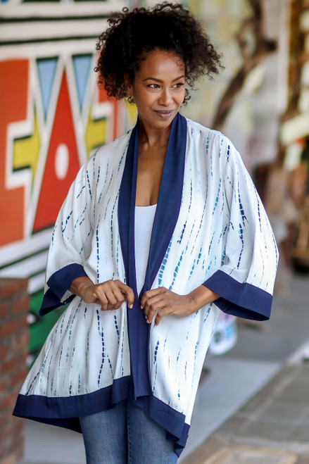 White and Indigo Blue Rayon Kimono from Bali 'Tropical Rain'