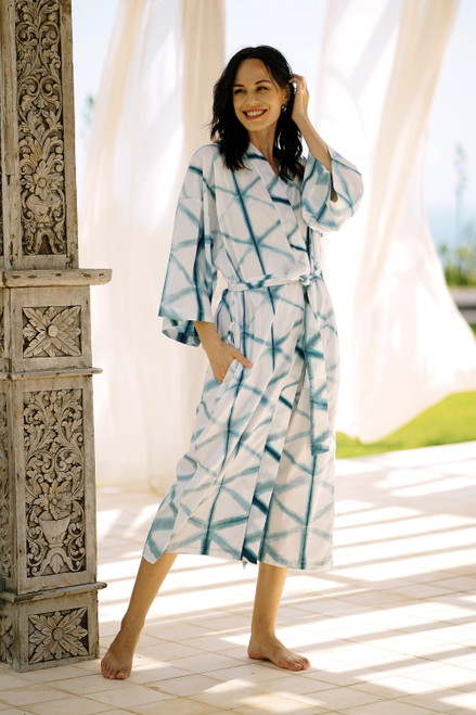Natural Indigo and White Print All Cotton Kimono 'Web of Life'