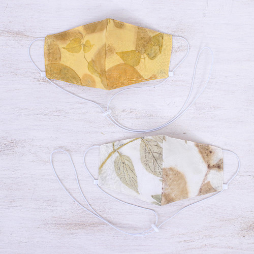 Eco-Printed Reusable Cotton Face Masks Pair 'Falling Leaves'