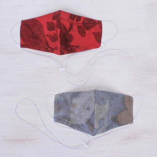 Unique Eco-Printed Red and Grey Cotton Face Masks Pair 'Drifting Leaves'