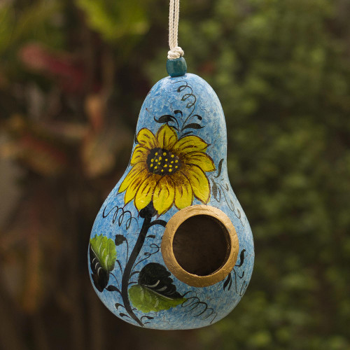 Hand Painted Dried Gourd Birdhouse 'Sunflower and Sky'