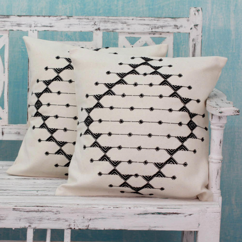 Cotton Patterned Black and Off White Cushion Covers Pair 'Monochrome Galaxy'