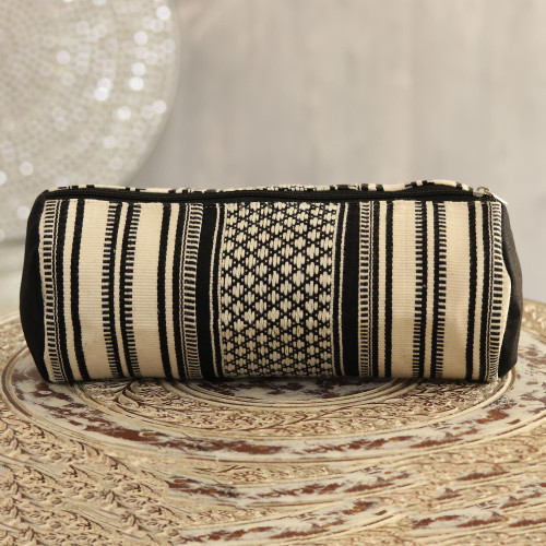 Alabaster and Black Cotton Cosmetic Bag from India 'Alabaster Stars'