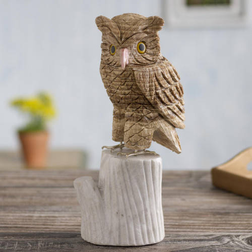 Artisan Crafted Aragonite Gemstone Sculpture 'Horned Owl'