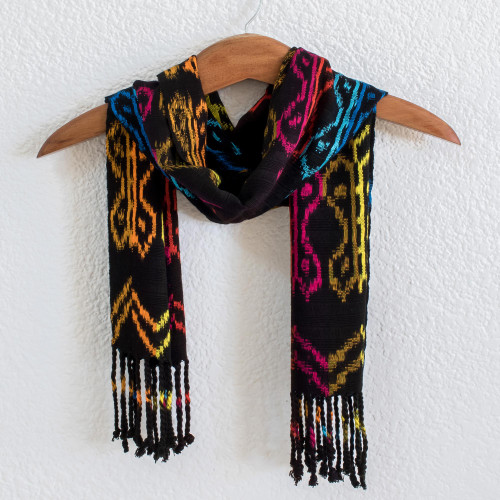 Hand Woven Black Ikat Scarf 'Bright Silhouettes'
